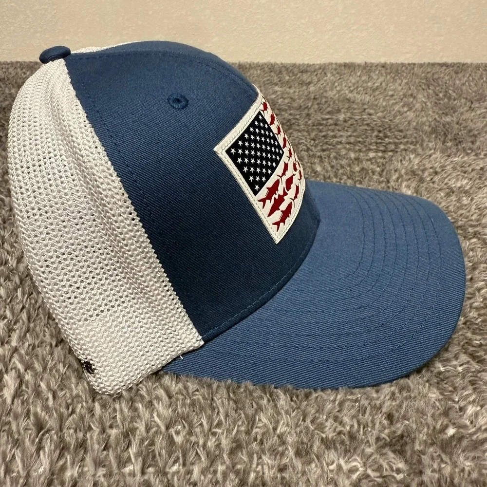 Columbia Unisex PFG L XL Blue White Trucker Hat American Flag Fish Flexfit